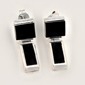 Sterling Silver Black Onyx Square & Rectangle Modernist Drop Earrings – 925 Thai